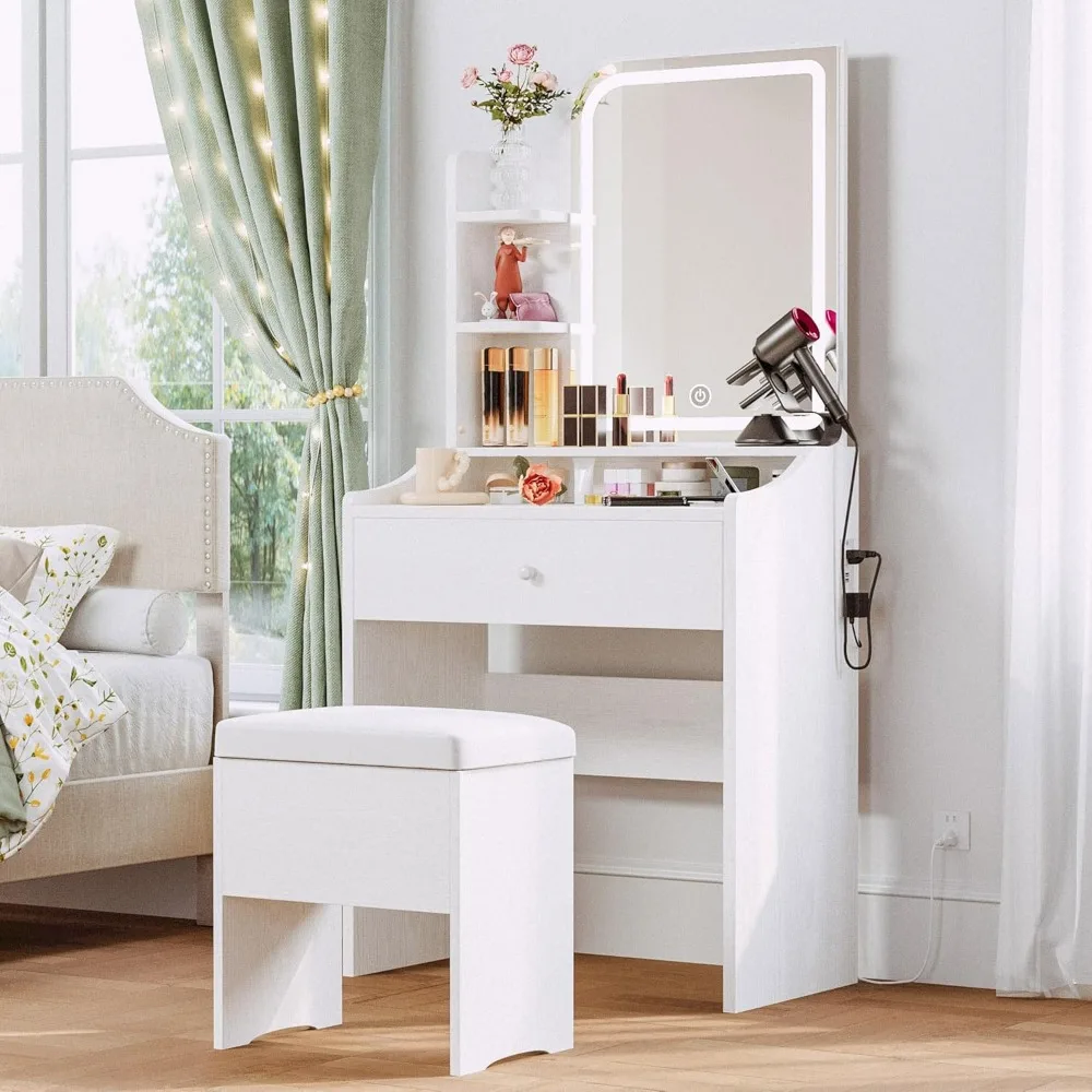 

Small Makeup Vanity Desk with Mirror Lights Storage Drawer Chair and 3 Shelves for Bedroom White