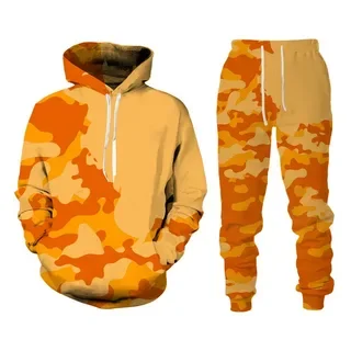 Conjunto de agasalho estampado em camuflagem 3D masculino, capuz e calças, roupas esportivas oversize, roupas casuais, ao ar livre, 2 peças