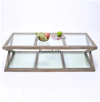 

Old double glass square coffee table living room full solid wood tea table coffee table