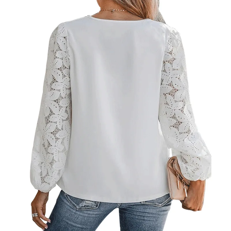 Sexy Jacquard Flower Lace Blouse Women Elegant V Neck Patchwork Office Shirt Spring Summer Hollow Sleeve Street Top Pullover