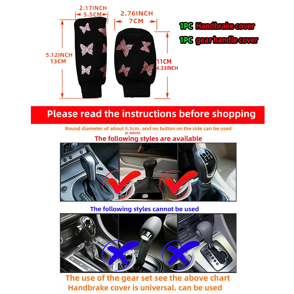 2PCS gold-embossed butterfly fabric shiny Blingbling car handbrake lever cover for manual transmission applicable to all cars
