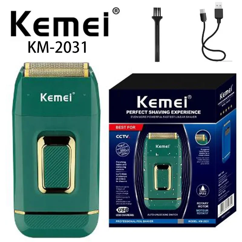 Kemei KM-2031 스테인레스 스틸 더블 메쉬 세척 가능, USB 충전, 스마트 안티 핀치 전기 면도기