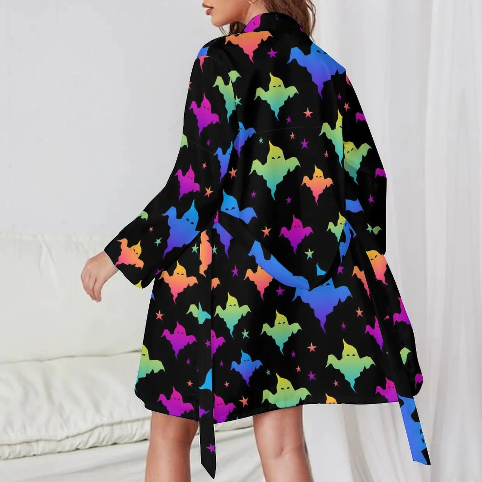 Cute Halloween Pajama Robe Colorful Ghosts Long Sleeve Casual Pajamas Robes Women V Neck Soft Sleepwear Autumn Custom Dress