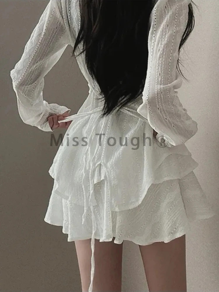 Koreanische süße Patchwork zweiteilige Set Frauen Langarm Shirt Kuchen Miniröcke weibliche Mode Schnürung elegante Falten Party Anzüge