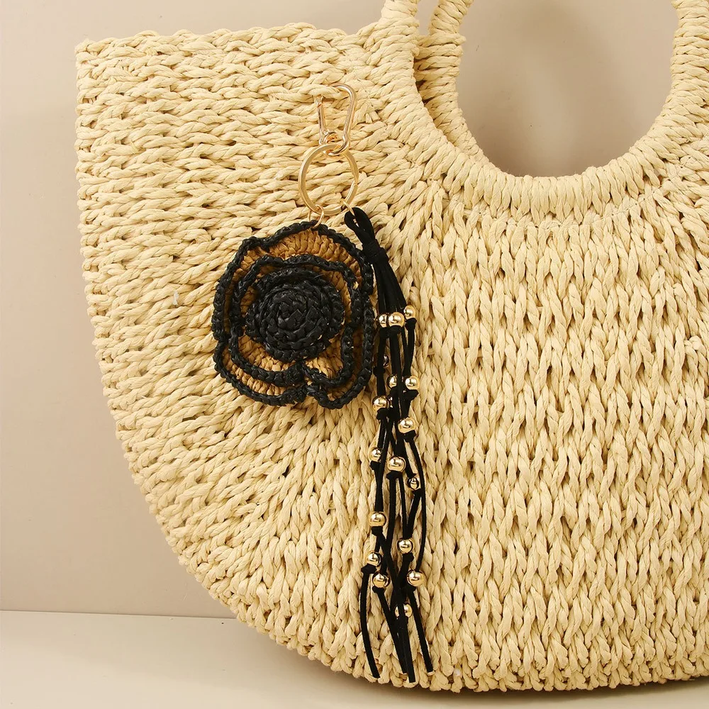 Flower Bag Charm Black Tan Layered Flower Long Tassel Gold Tone Beads Handbag Purse Decoration Accessory For Women And Tote Bags