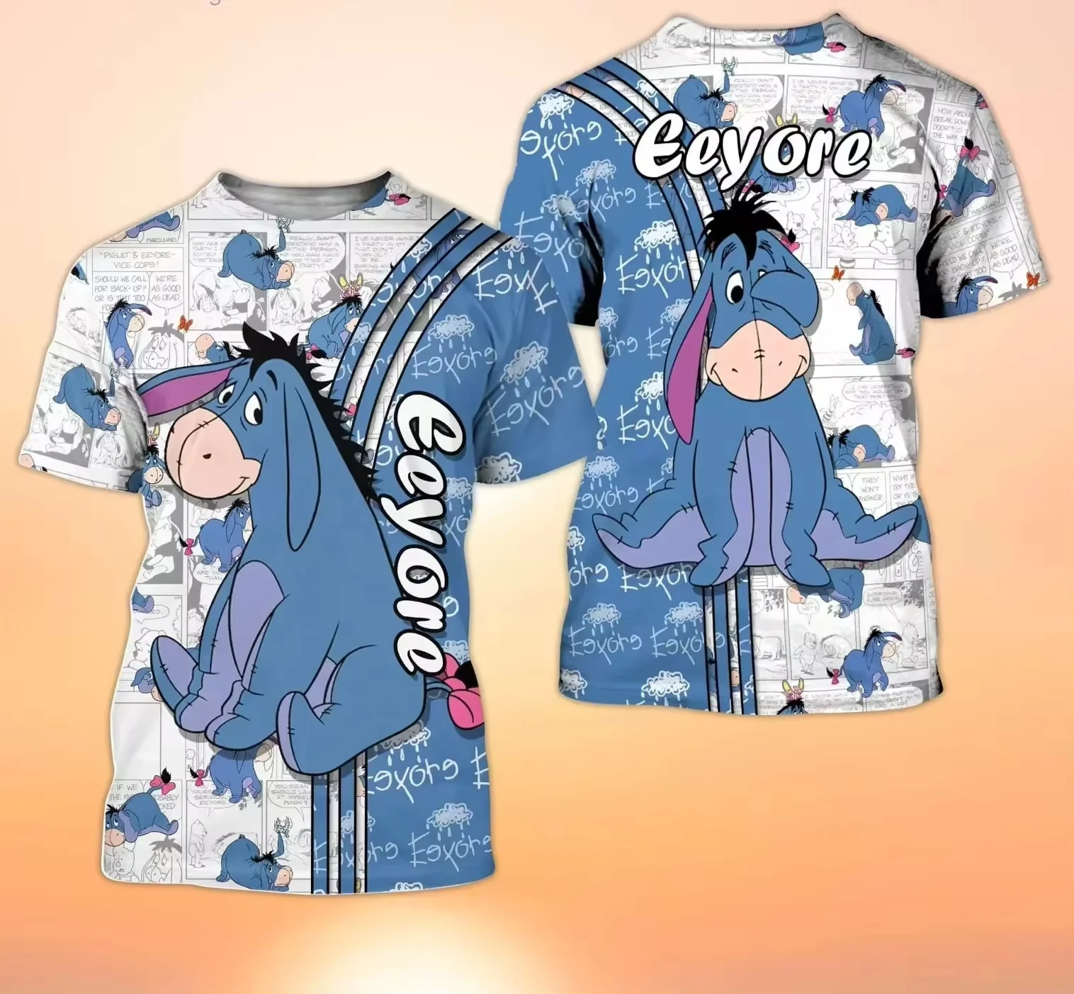 Disney-T-shirt Matkey Cross Blue Eeyore pour hommes et femmes, motifs de bandes dessinées, dessin animé 3D