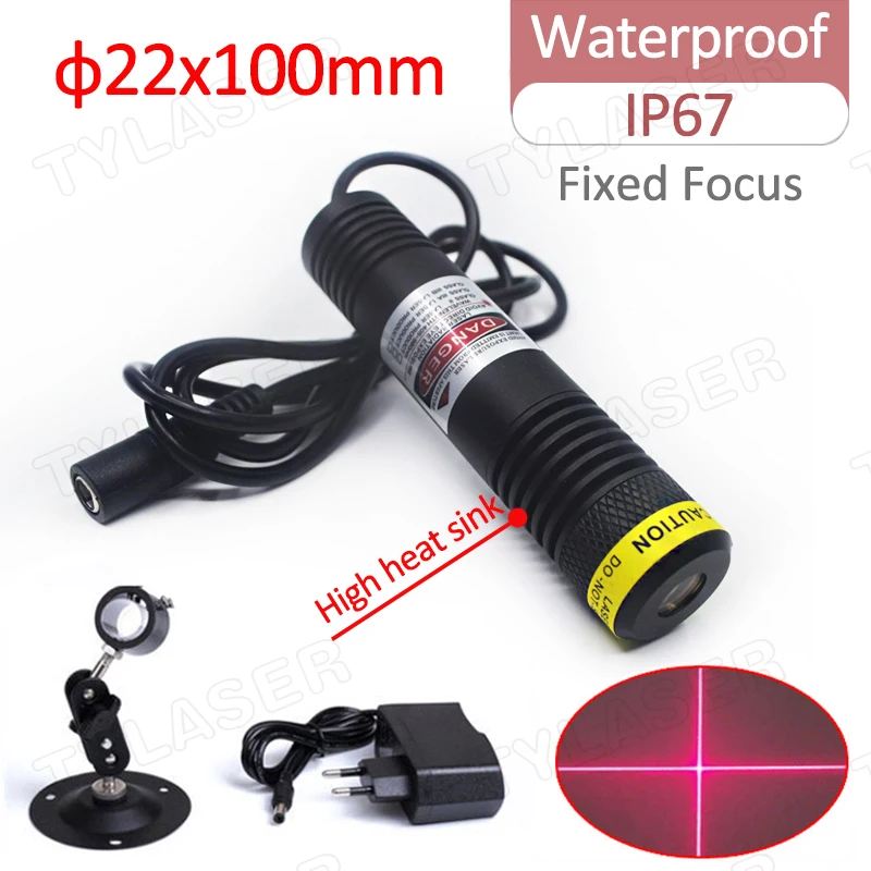 IP67 Waterproof Glass Lens D22X100mm 635nm Red Cross Line 10mW 30mW 50mW 100mW Laser Module Free with Bracket and Adapter