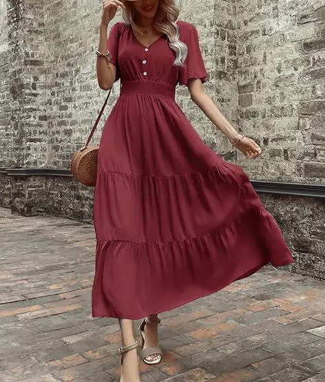

Summer Classic French Style Elegant Casual Style Solid Color V-Neck Button Decoration High Waisted A-Line Women's Long Dress