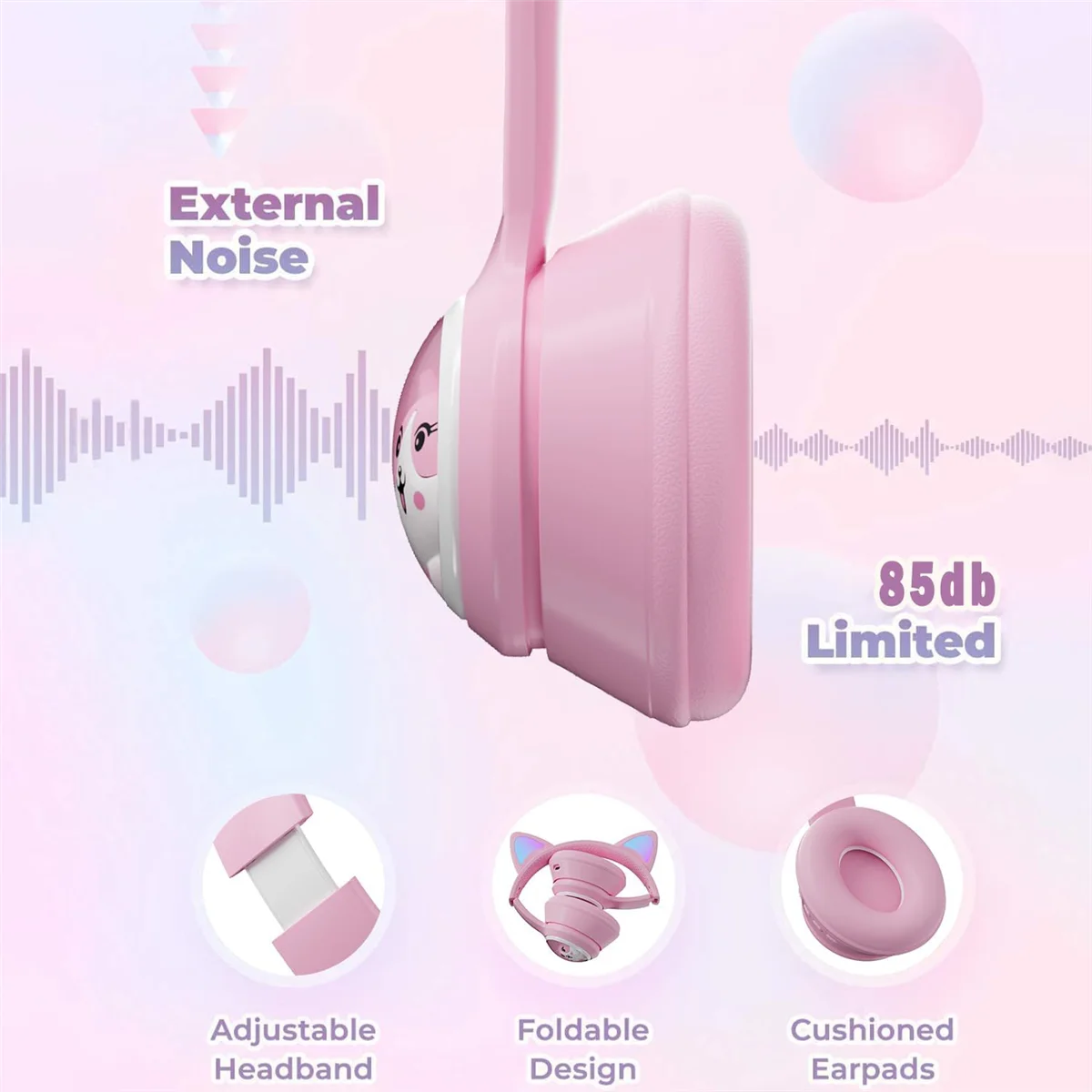 

FEB-Children's Bluetooth Headphones, Foldable Wireless Headphones with LED Light, Cat Ears Game Headset for