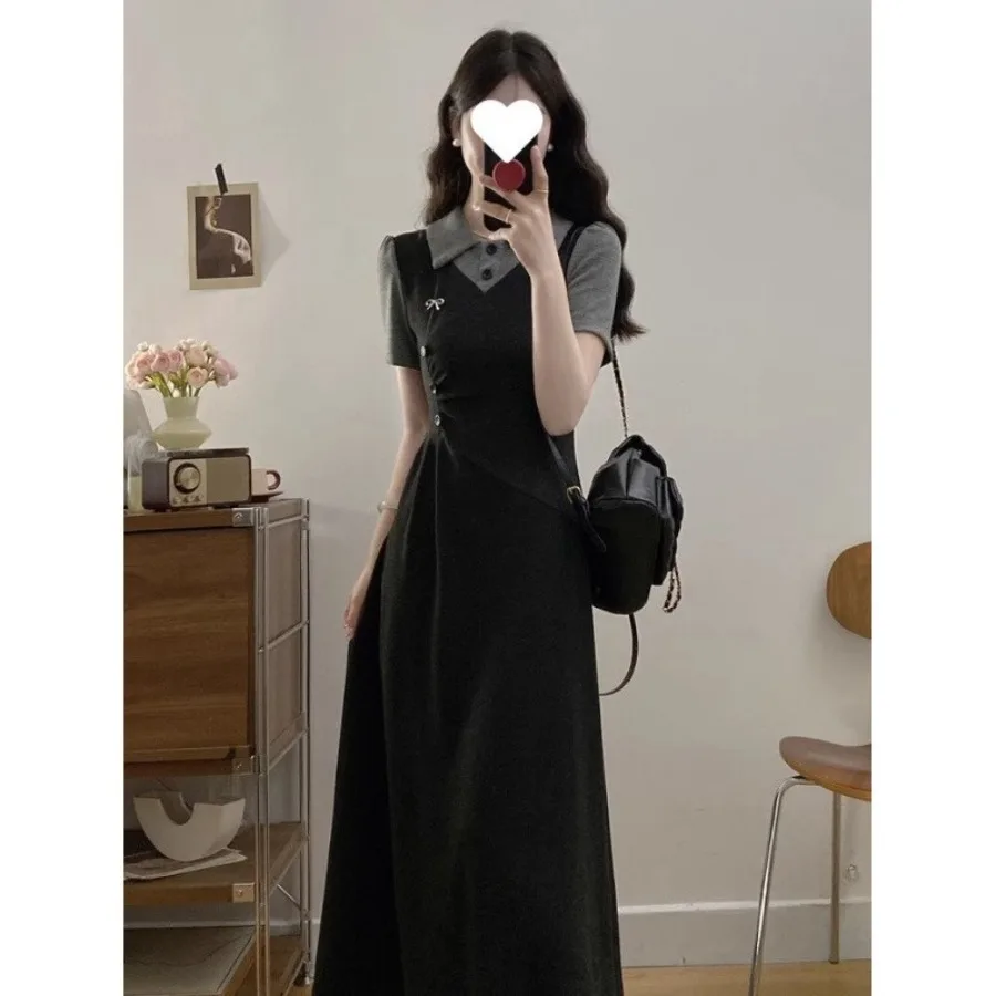 

【New style】French fake two-piece polo-neck short-sleeved dress, summer new style, large size, fat mm, waist, slimming, temperam