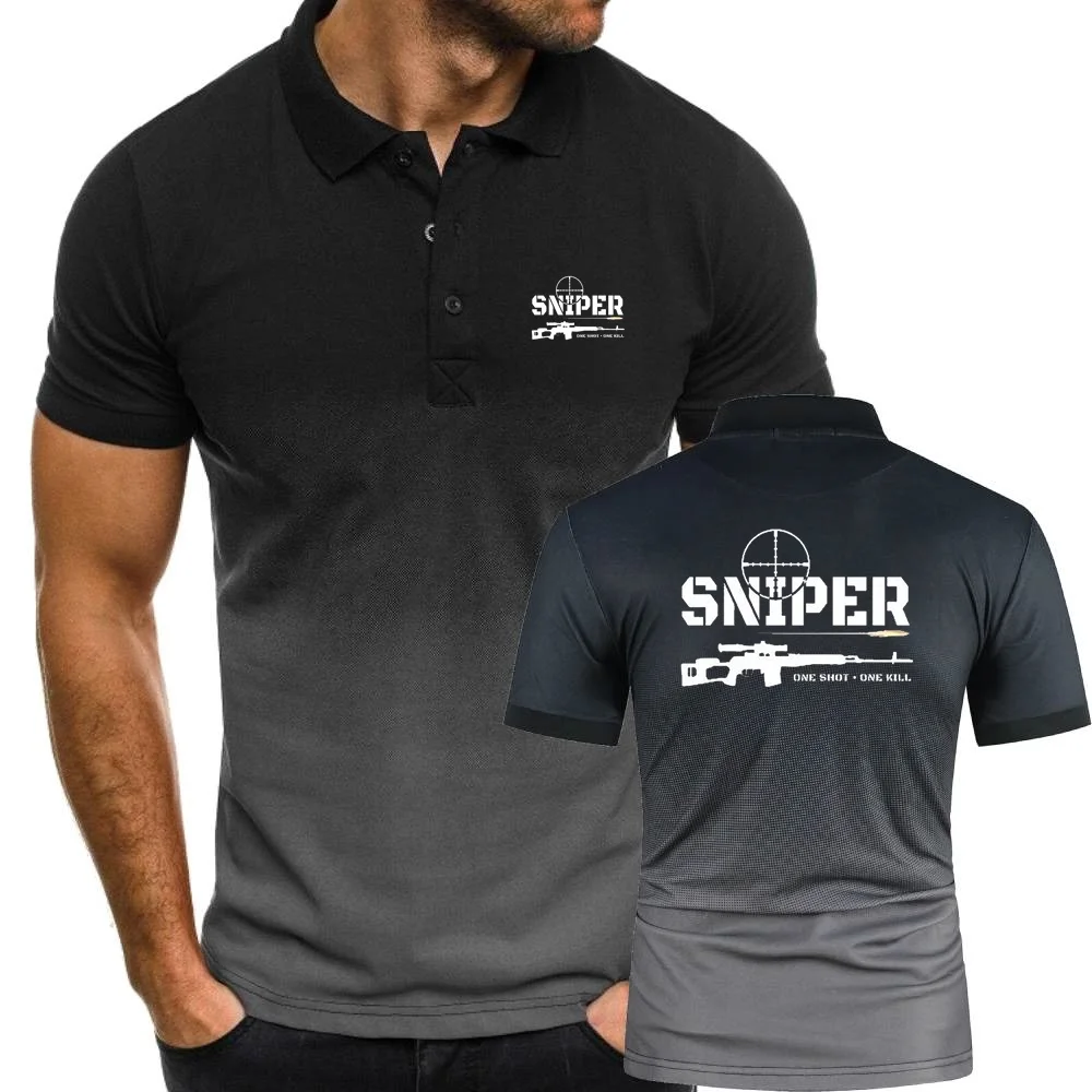 Men\'s Polo Shirts Army Combat Tactical Tshirt Sniper One Shot One Kill TShirts Military Style Sport Youth Short Sleeve Tee S-5XL