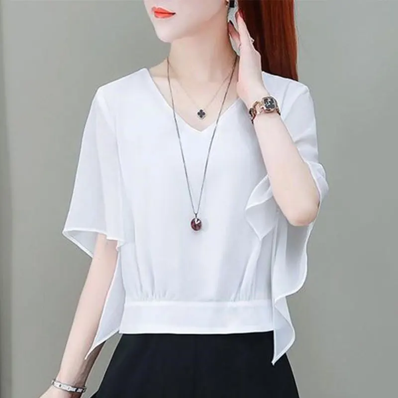 Women\'s Short Sleeve Chiffon Shirts, Monochromatic, V-neck, Elegant, Casual, Slim, All-match, Summer Clothes, Fashion