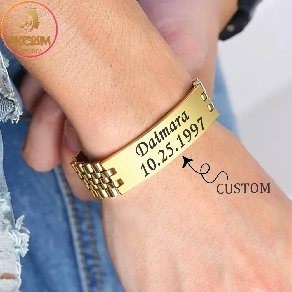 

Браслеты-манжеты Akizoom в стиле панк с гравировкой имени, большие, для пары, из нержавеющей стали, с индивидуальным текстом, ювелирные изделия, подарок на День отца