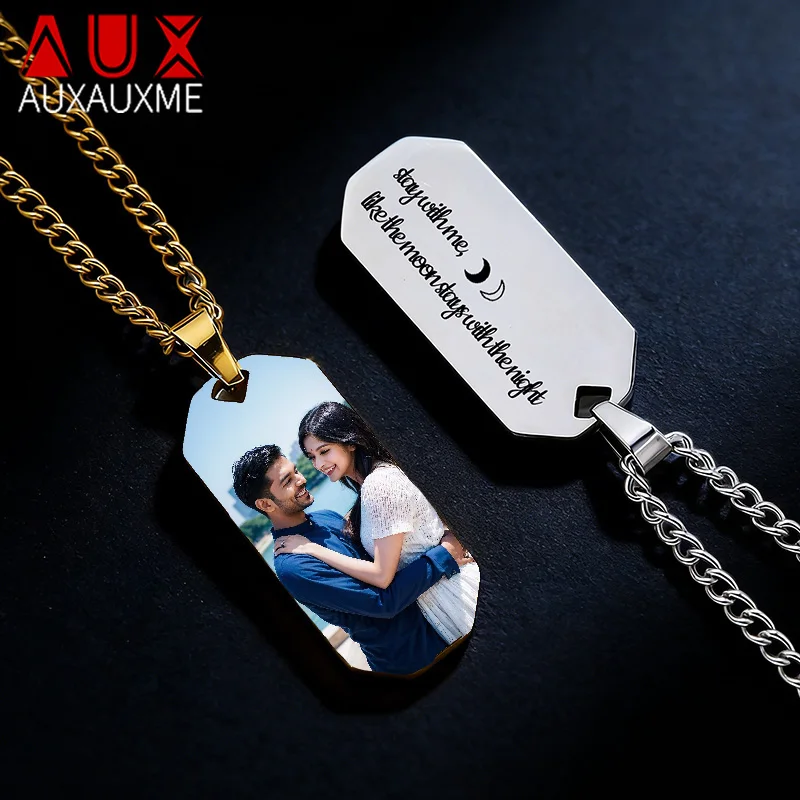 Auxauxme Custom Engraved Name Photo Necklace Stainless Steel for Women Men Personalized Square Pendant Party Gift Jewelry