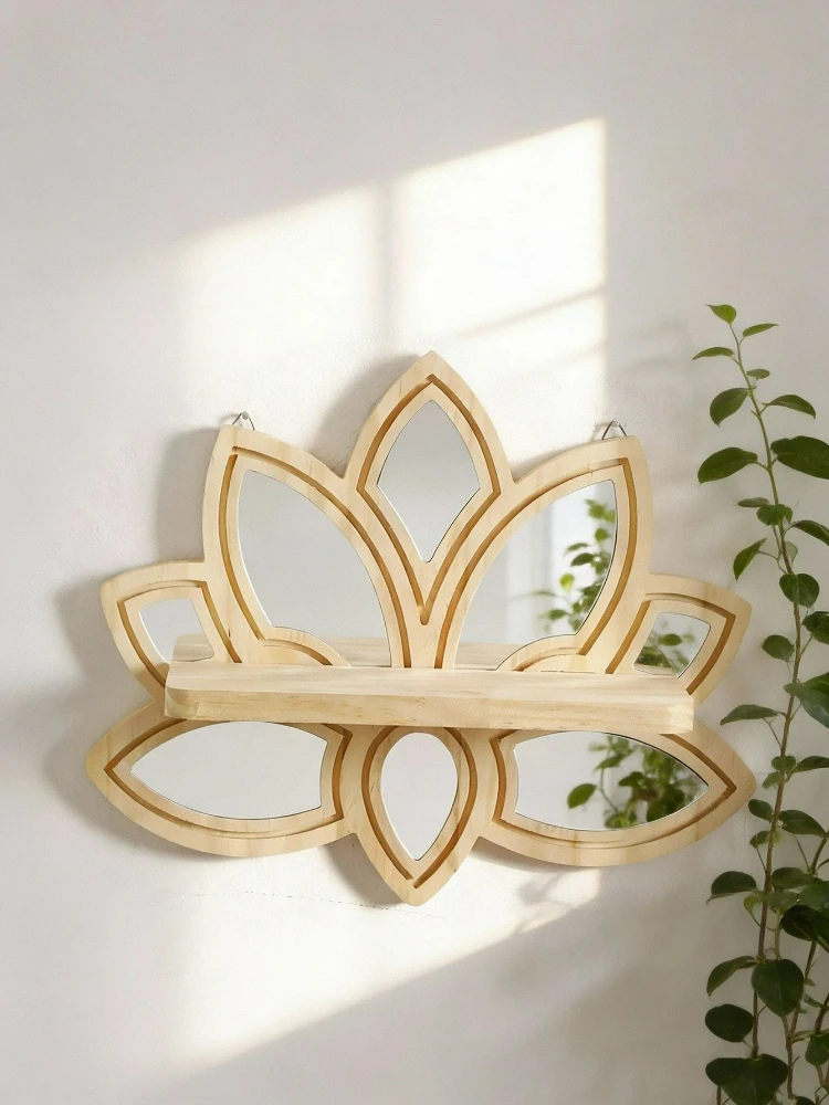 Lotus Shaped Wooden Wall Shelf with Mirror Floral Floating Shelves Boho Rustic Wall Mounted Storage
