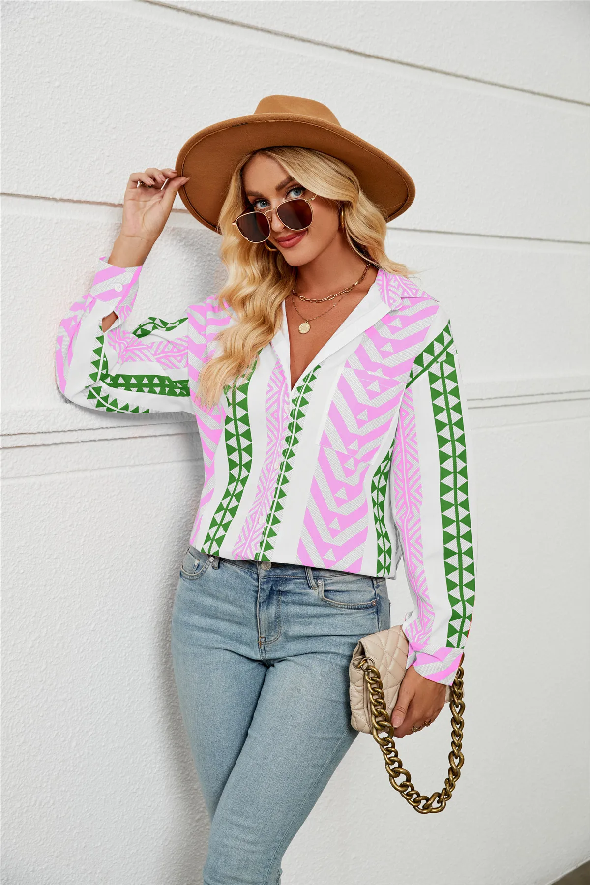 Boho Striped Print Shirt Blouse Women Spring Autumn Trun-down Neck Long Sleeve Shirts For Women Casual Loose Pocket Top Femme