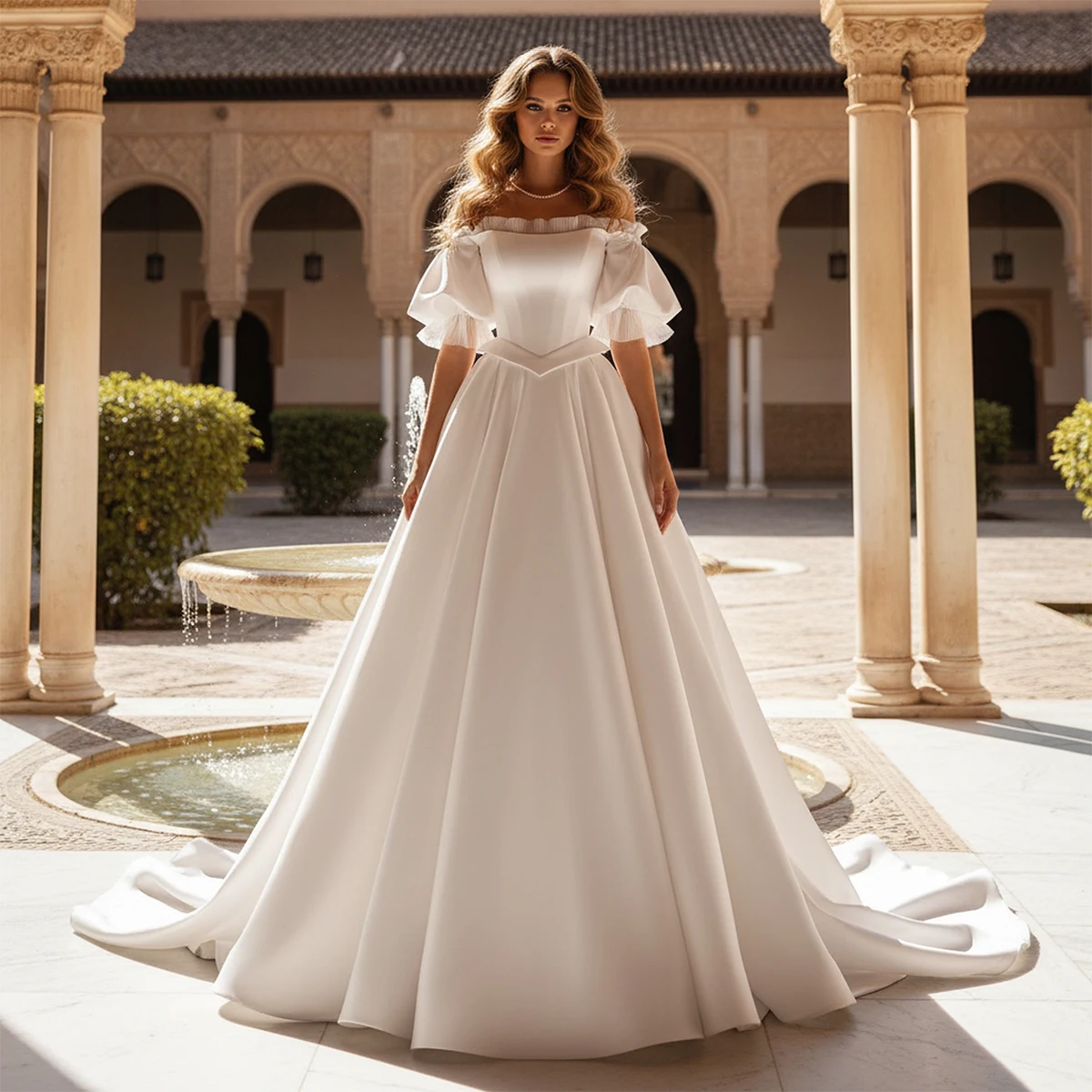 Elegant Satin Puffy Sleeve Wedding Dress For Women Long Ball Party Gown For Bride Off Shoulder Bridal Gown Vestidos Novia