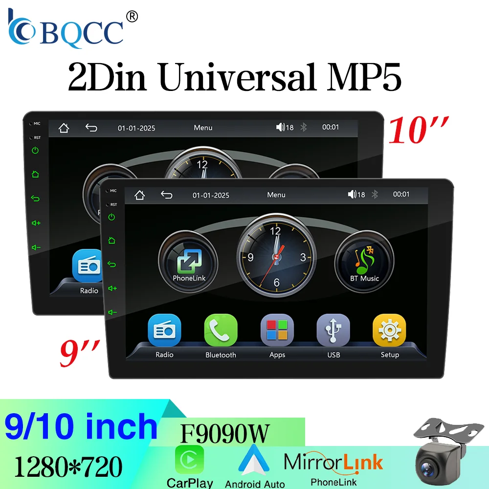 BQCC 9'' 10'' 2Din Universal Car Player Wireless CarPlay Android Auto Car MP5 7-Color Lights Wiring Protection FM BT Car Radio
