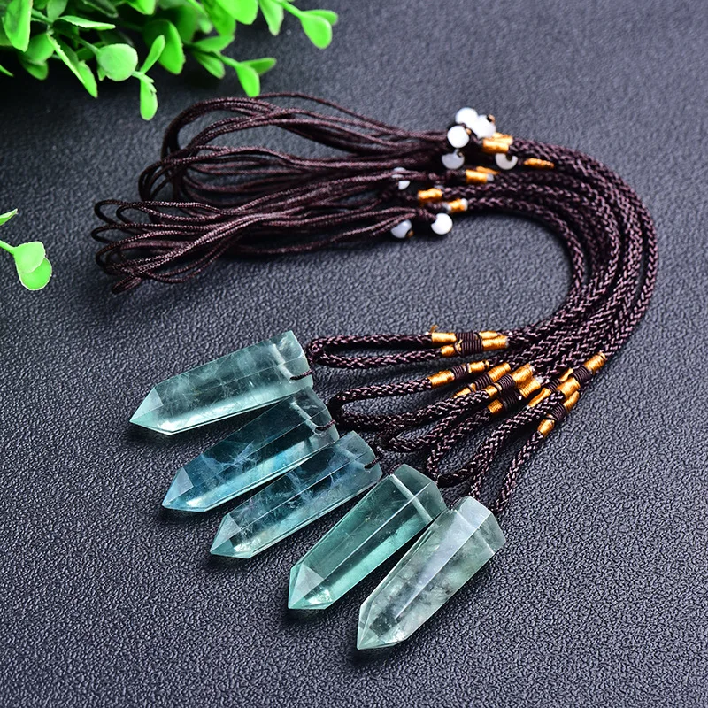 Original Stone Green Fluorite Pendulum Pendant Necklace Divination Faceted Single Pointed Crystal Column