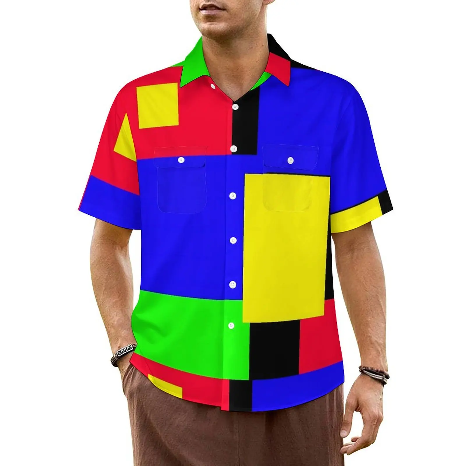 

Colorblock Vacation Shirt Men Geometric Print Trendy Casual Shirts Hawaiian Short Sleeve Fashion Design Oversized Blouses Gift