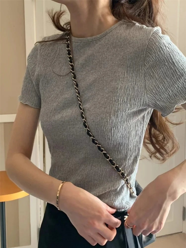 

Summer ort Sve T-irt Women's Slim Fit Casual round Ne Pure Color ort Sle Faionable Commute Knitted Garment