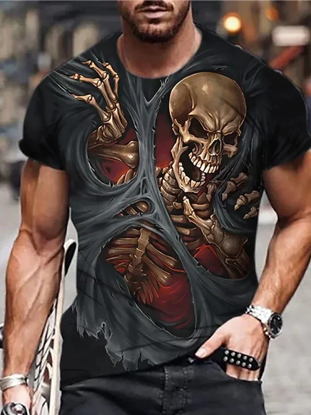 

2023 Summer Men's Printed Casual Crew Neck Short Sleeve T-Shirt Terror Skull 3D Printed T Shirt