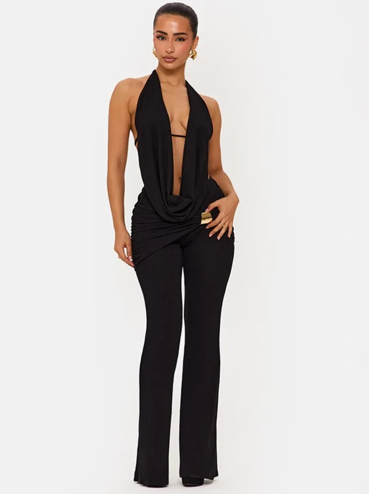 

Женский ажурный комплект из двух предметов, укороченный топ с глубоким V-образным вырезом и длинные брюки с лямкой на шее, сексуальный обтягивающий одинаковый комплект