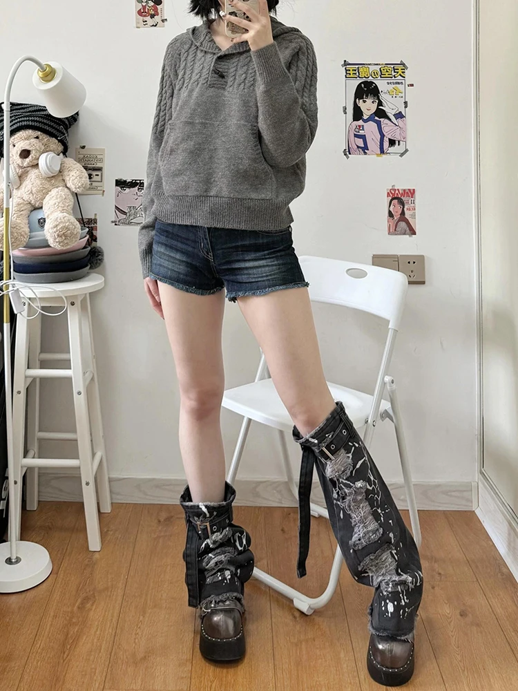 ReddaChic Women Ripped Hole Denim Leg Warmers Silver Glitter Boots Cover Belt Raw Hem Knee Long Socks Acubi Fashion Y2k Clothes