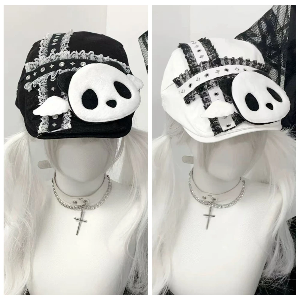 

Lolita Girl Harajuku Gothic Punk Subculture Lace Beret Black/White Panda Hat Summer Shade Y2K Sweet Cool Cap