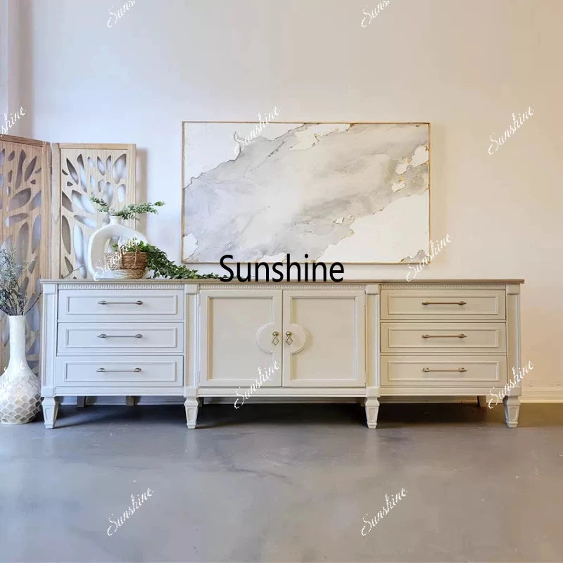 

French retro solid wood dining side cabinet rural cream style antique contrast color entrance customization
