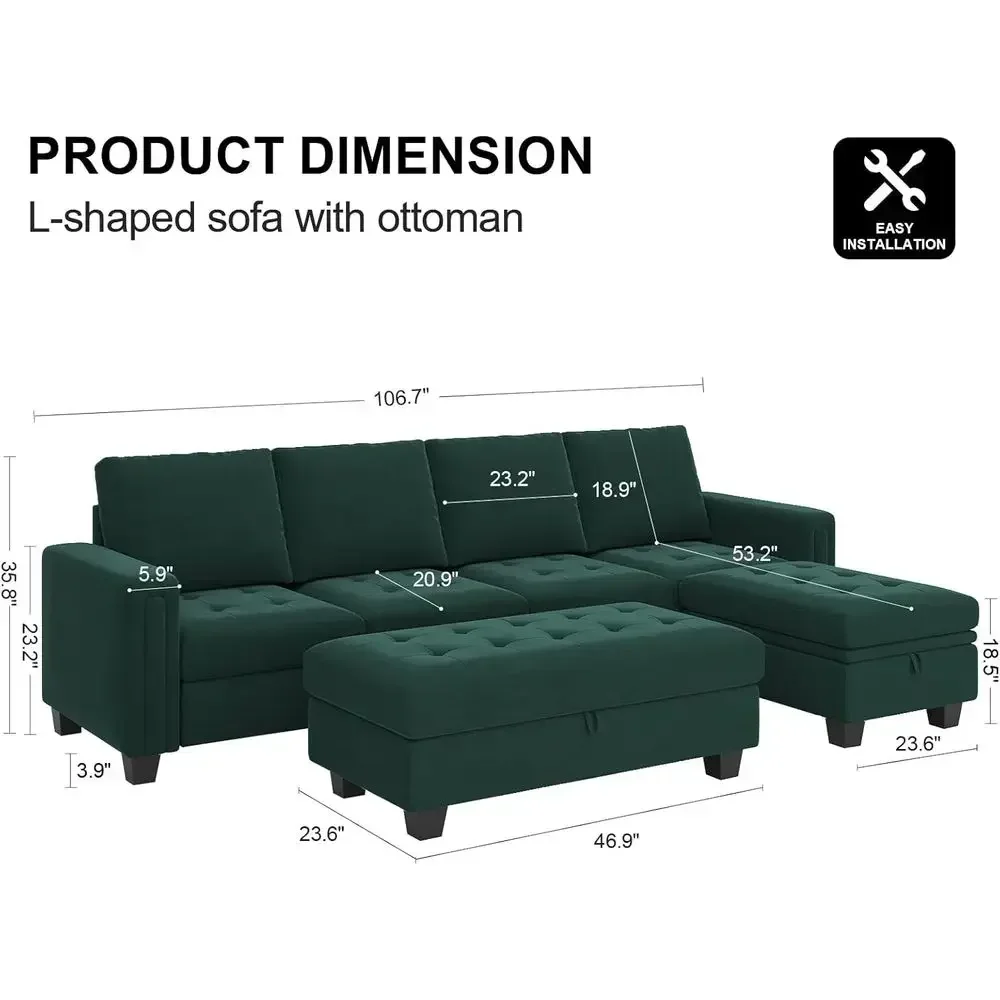 Green 4-Seat L-Shaped Sectional Sofa with Reversible Chaise and Storage Ottoman