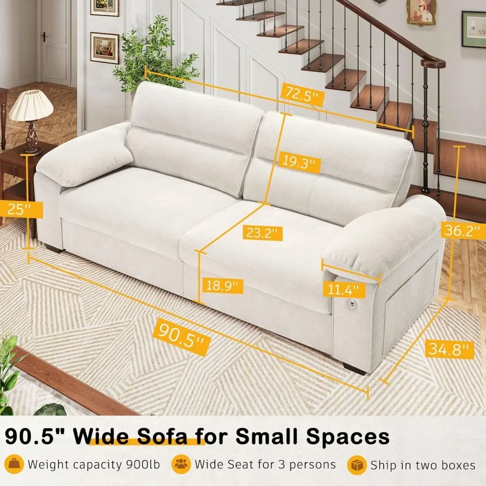 90.5” Sofa Couch for Living Room,Modern 3Seater Comfy Sofa with Medium Firm Seat Cushion,Removable Cover,Wide Armrest,USB/Type-C