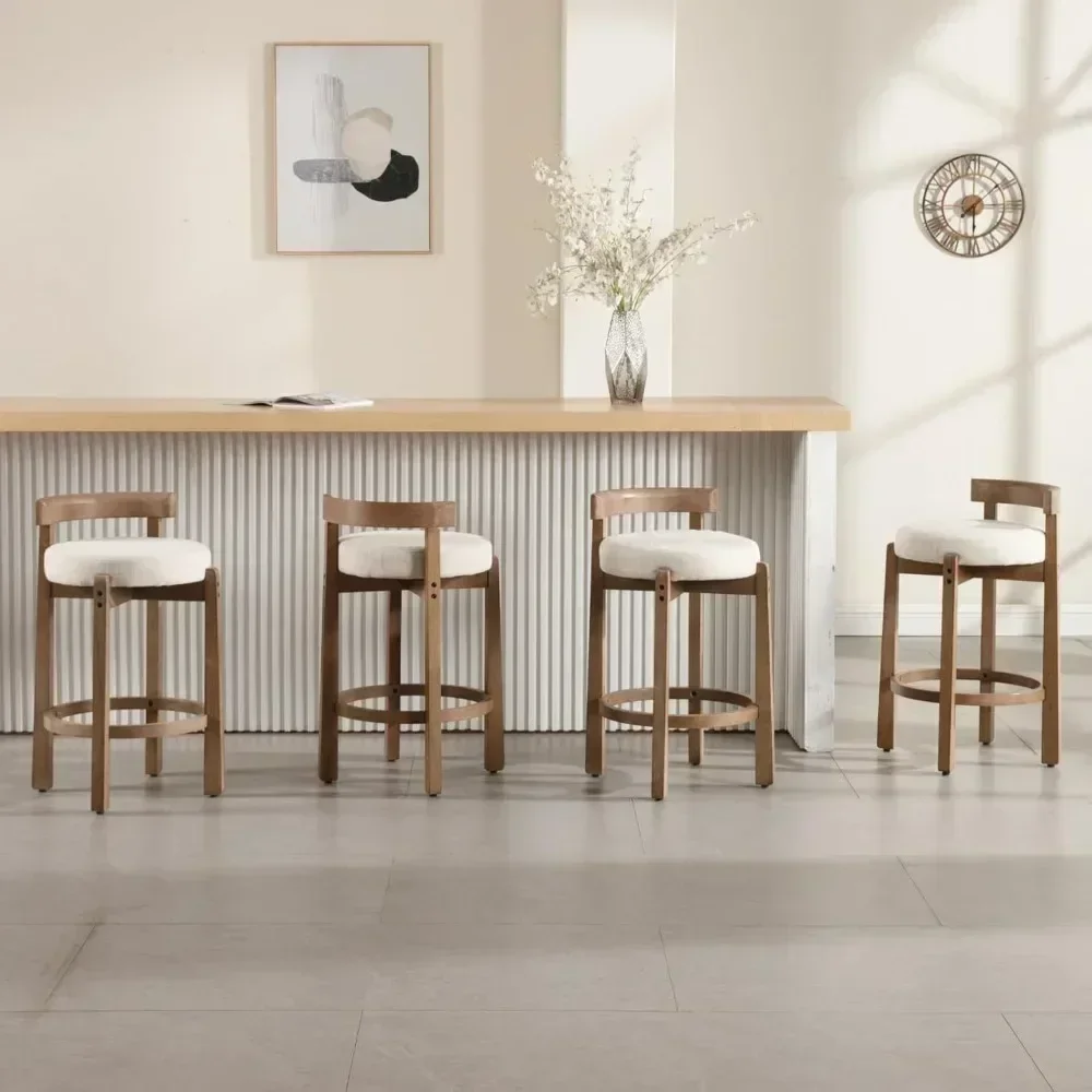 Conjunto de bancos de bar de meados do século de 4, 26,5 polegadas de linho com altura de balcão, cadeiras de bar estofadas com pernas de madeira sólida para