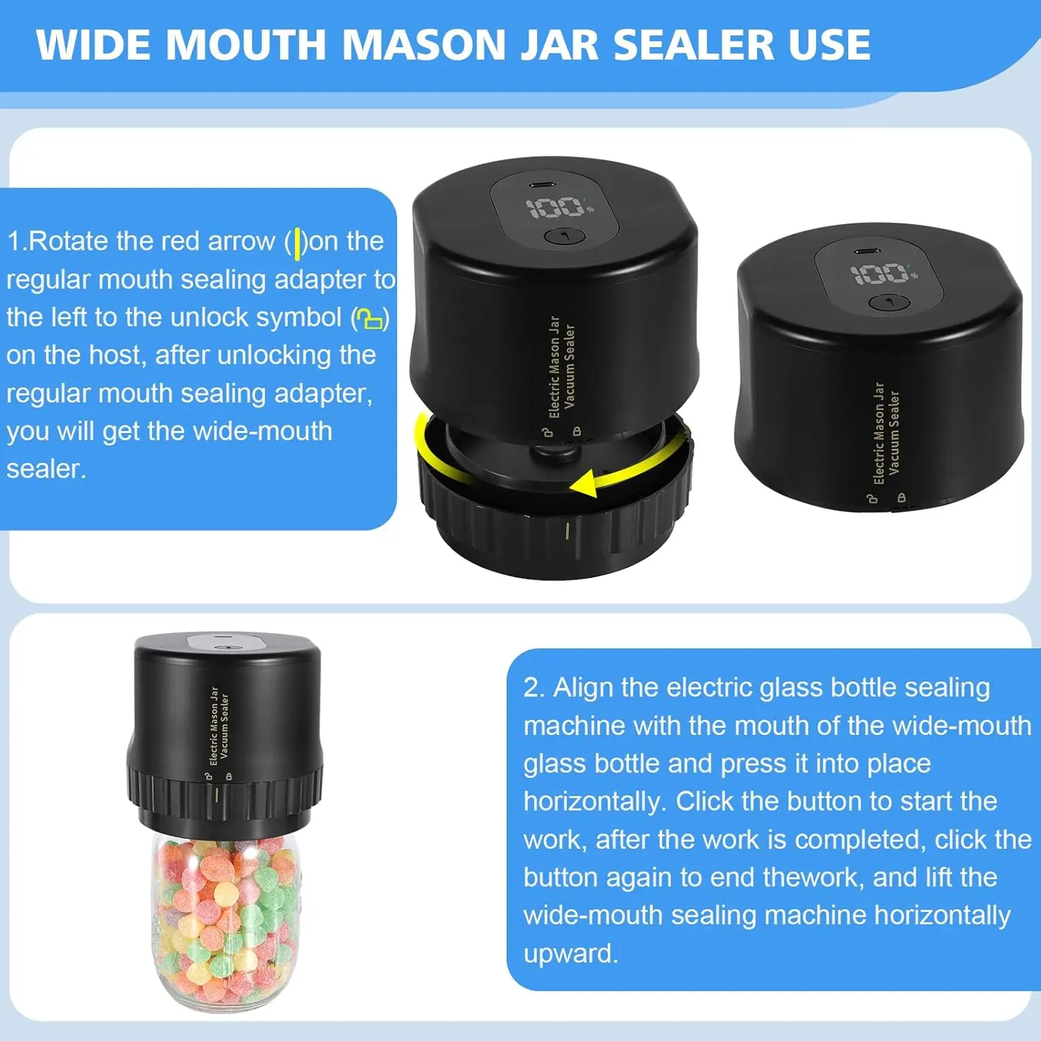 Sigillatrice sottovuoto, per barattoli di vetro a bocca larga e bocca normale, macchina per sigillare sottovuoto per alimenti (arresto automatico)