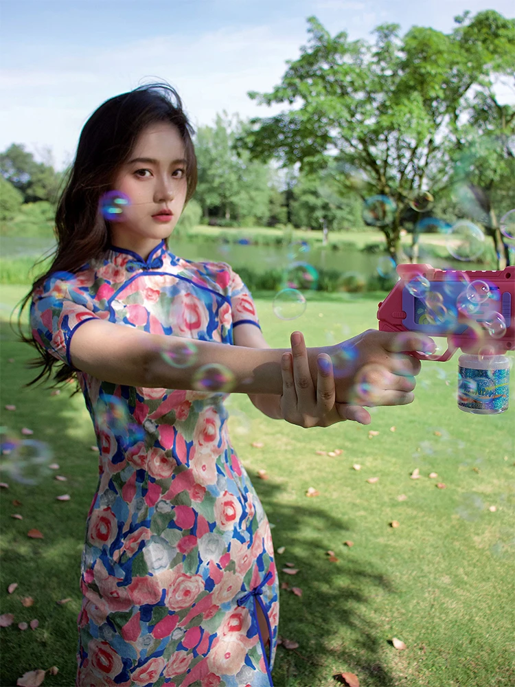 

Летняя новинка: Платье-ципао с принтом в стиле масляной живописи, хлопковая короткая юбка с высокой талией для девочек, с принтом флага, в стиле Dr Sweet Sle