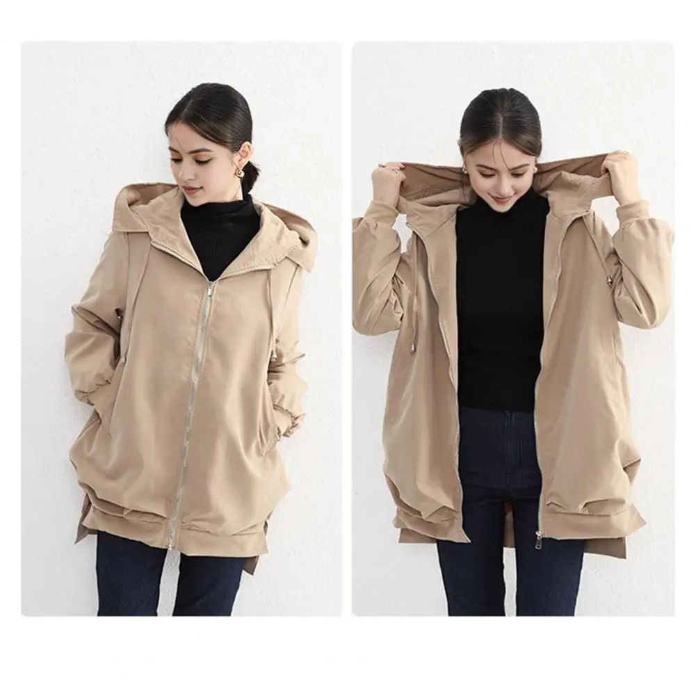 Women Outerwear Stylish Windproof Hooded Cardigan for Women with Split Hem Zipper Closure for Outdoor Activities Travel Zipper