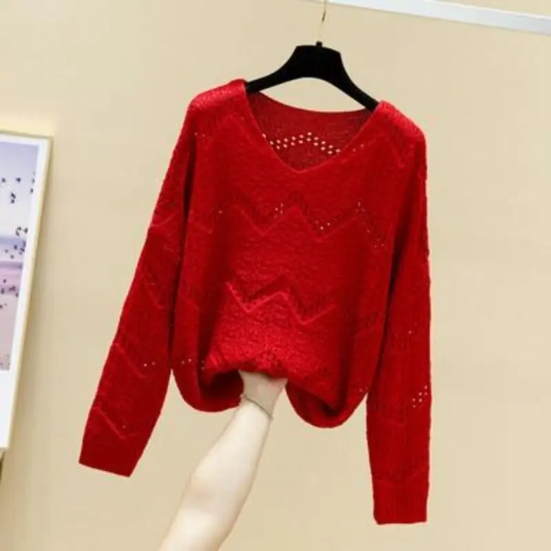 Spring and Autumn Knitted Women's Long Sleeved Top with New Style Hollow V-neck Western Style Loose and Age Reducing Sweater