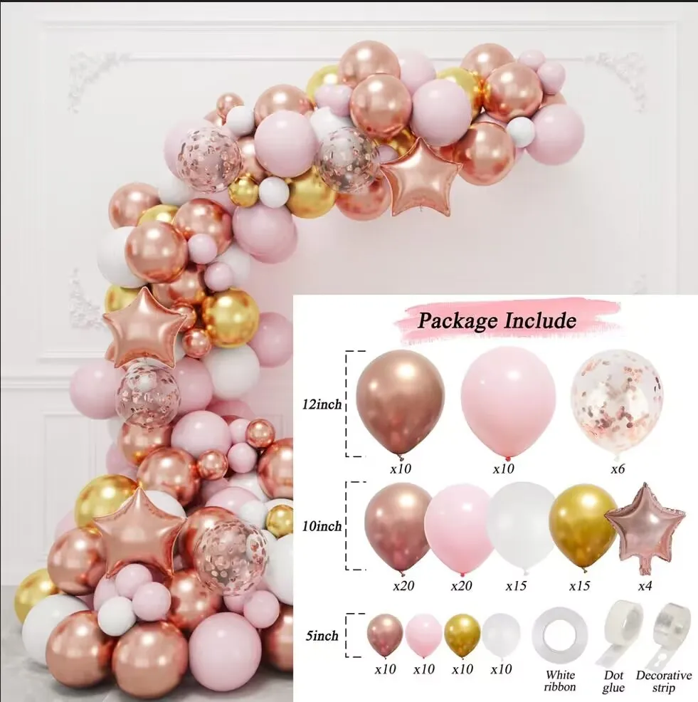 143Pcs Rose Gold Star Foil Balloon Garland Pink White Latex Balloons Arch Kit for Birthday Party Wedding Baby Shower Decor