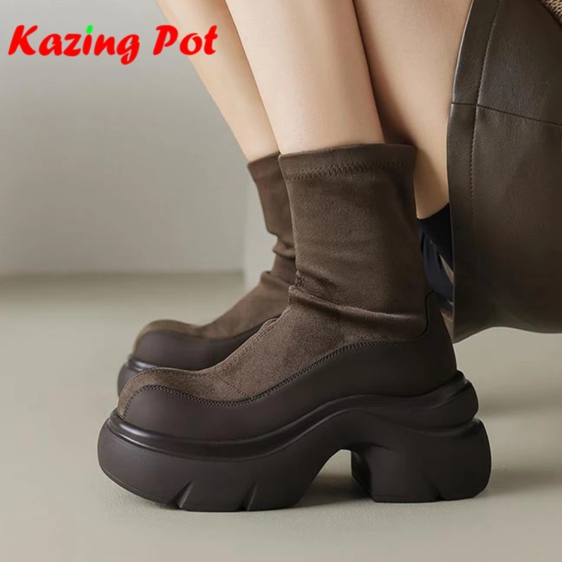 Flock Waterproof Platform Chunky Heels Motorcycle Boots Warm Winter Autumn Retro Catwalk Women Fashion Chic Elastic Ankle Boots