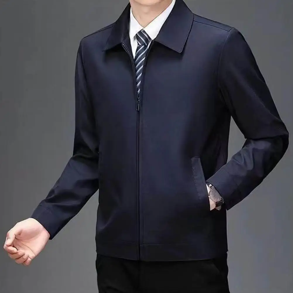 Men Fall Spring Coat Turn-down Collar Smooth Zipper Closure Cardigan Jacket Long Sleeve Smooth Thin Loose Mid-aged Father Jacket