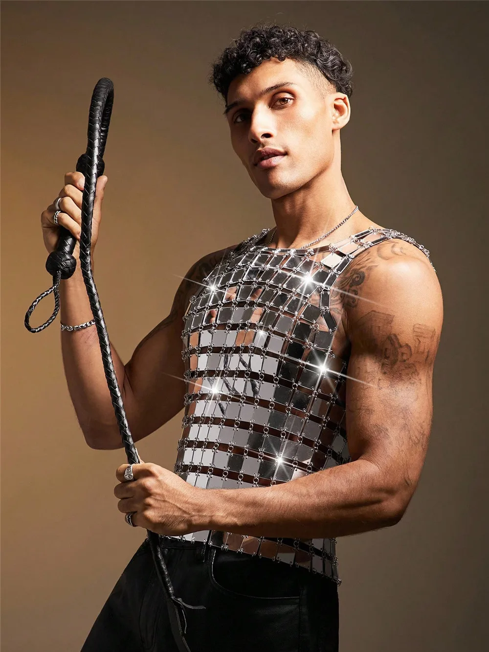 メンズアクリルミラーベスト、セクシーなシースルートップス、パーティーパフォーマンスウェア、レイブ、フィット感のあるクロップメッシュベスト