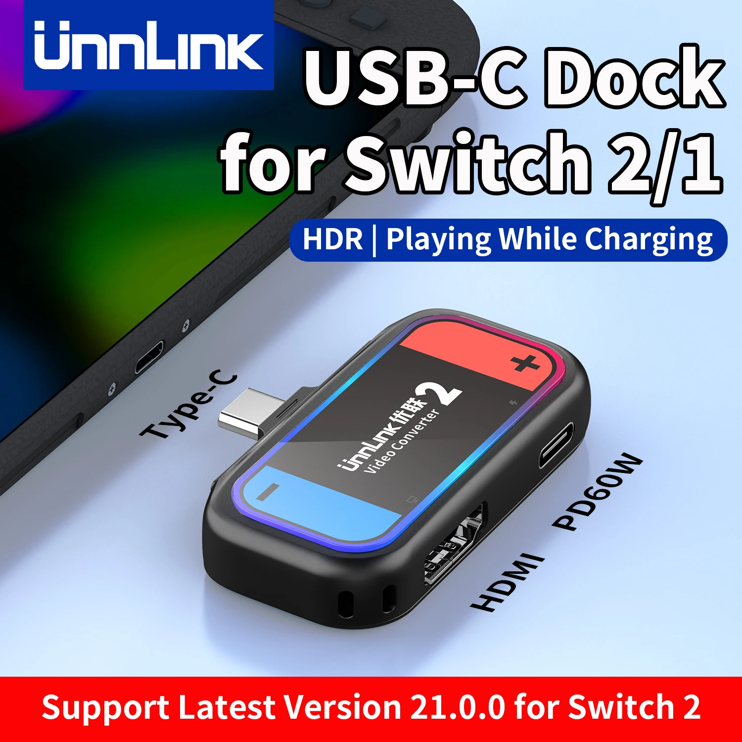 Unnlink قاعدة صغيرة محمولة لنينتندو سويتش 2/1/OLED، محول USB C إلى HDMI 4K@60 هرتز، شحن سريع PD 3.0 60 وات، وضع التلفزيون