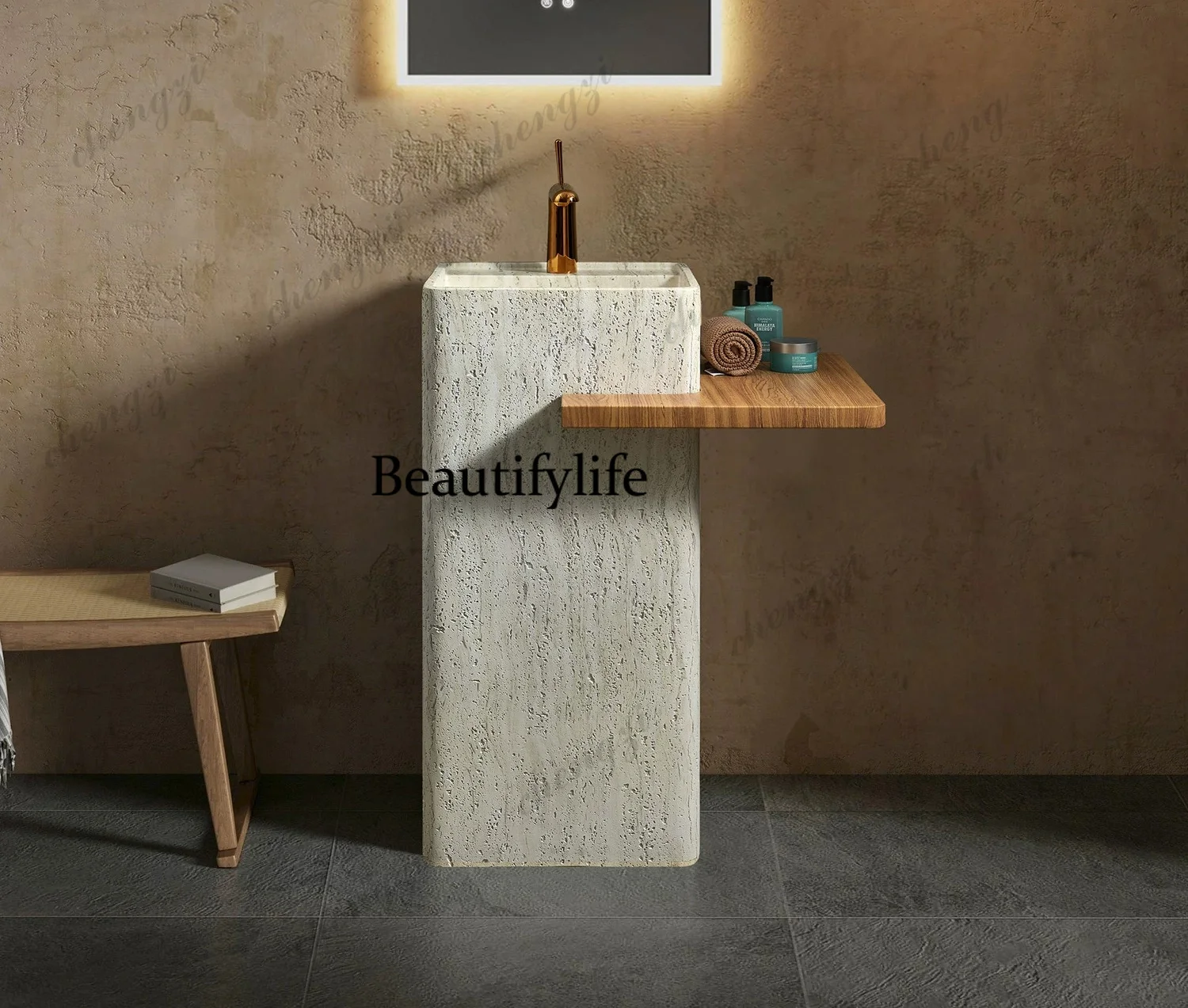 P37 wabi-sabi medieval natural travertine granular column basin integrated floor-to-ceiling creative art washbasin