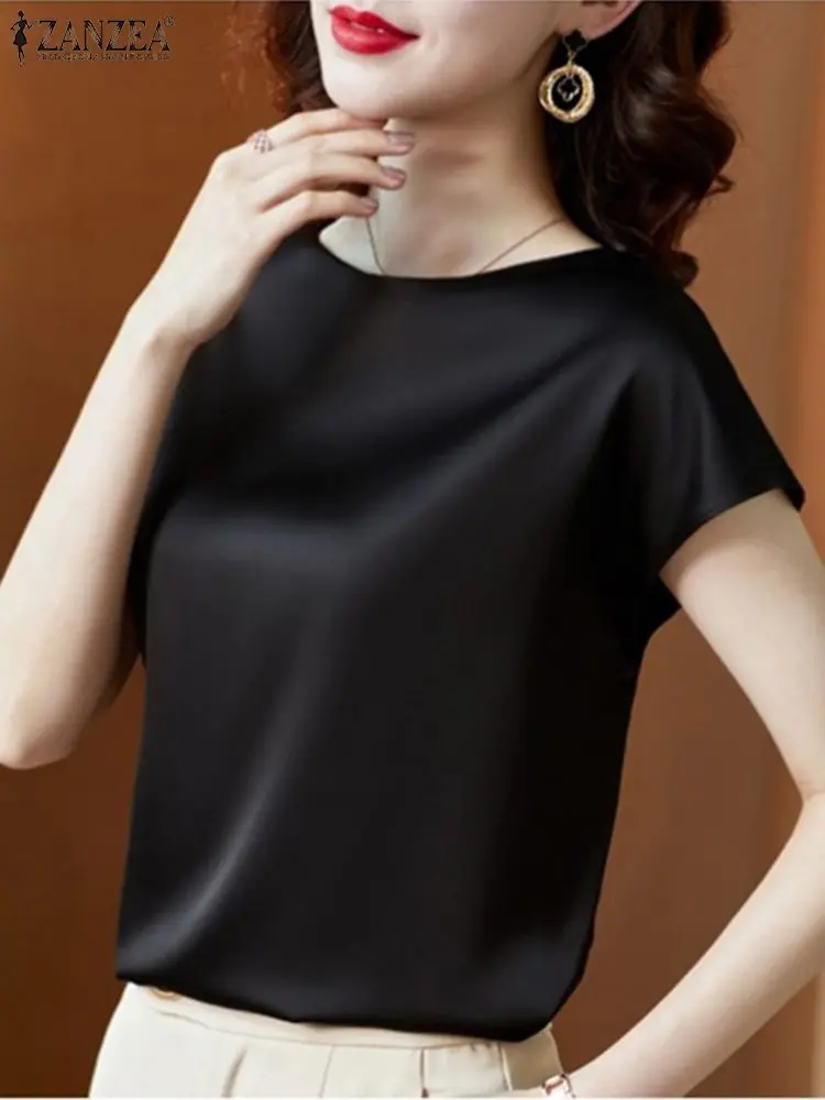 Elegant Women Short Sleeve Satin Shirt 2024 ZANZEA Summer Fashion Blouse Stylish OL Work Shirt Female Party Blusas Tunic Chemise