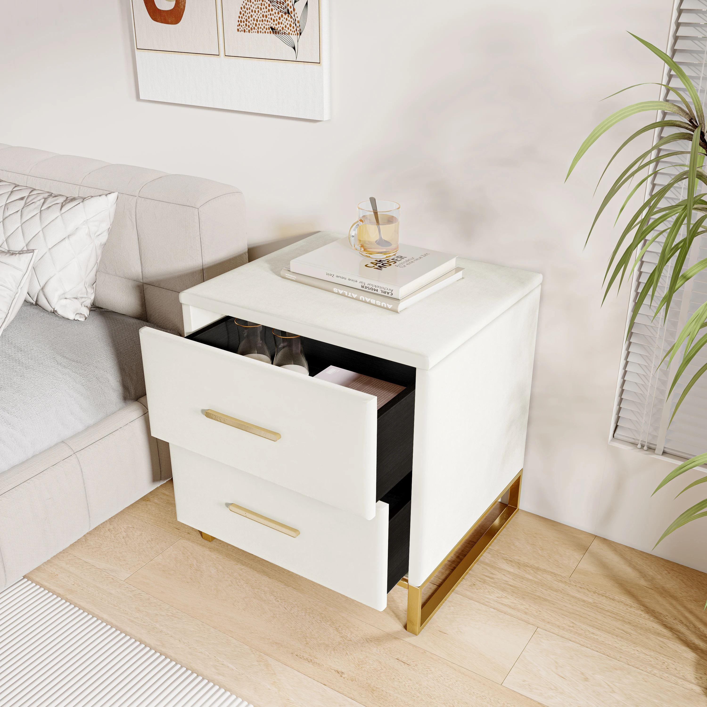Set di 2 comodini Rosahqnda con cassetto, tavolino da comodino in velluto con base dorata o luce a LED, color beige/bianco.