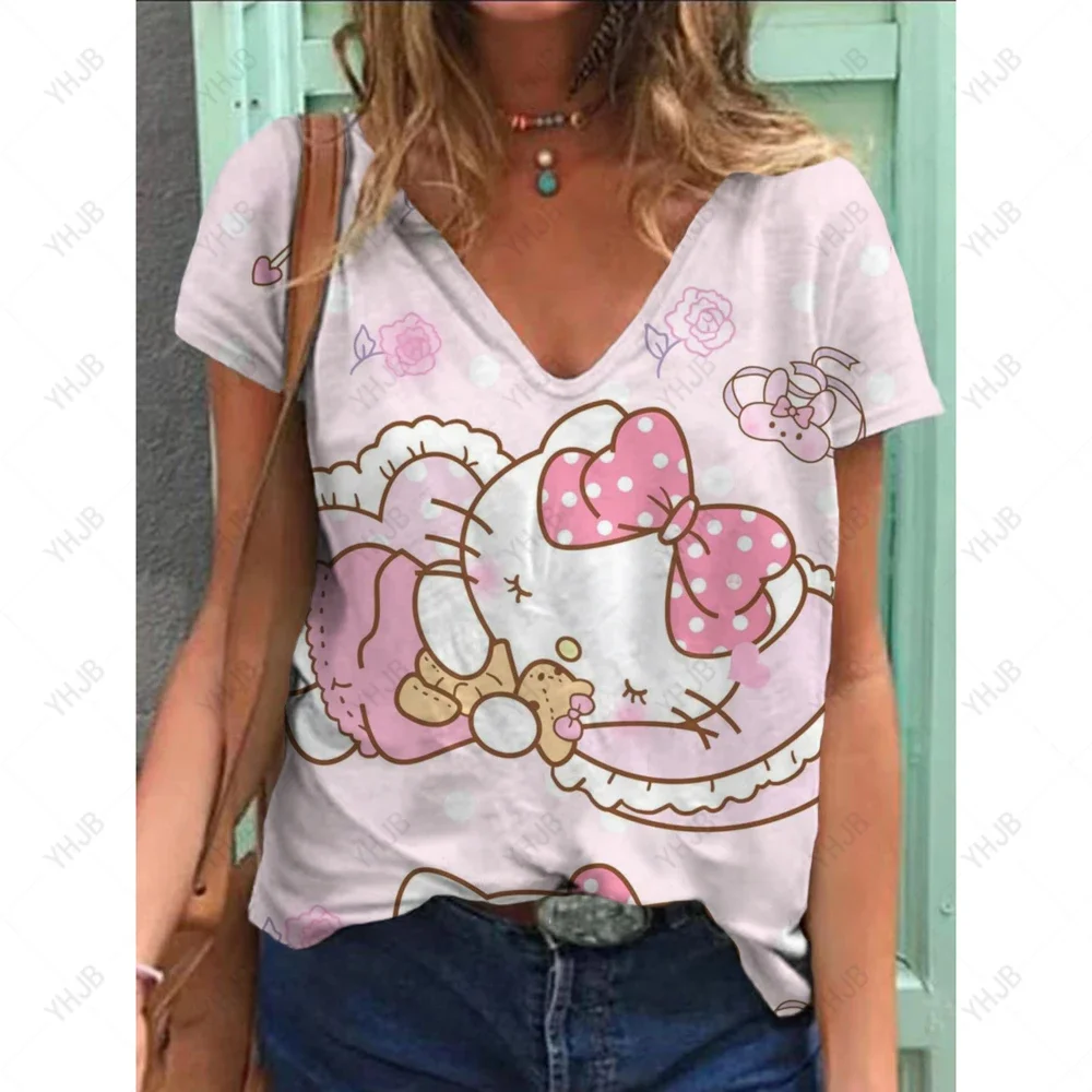 

Женские футболки с 3D принтом 2025 года, новые летние повседневные удобные женские футболки с v-образным вырезом и короткими рукавами в стиле Харадзюку, модный стиль Y2K