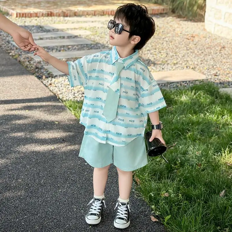 

3 PCS Suits Summer Boy Clothing set Cool Shirt+overalls Shorts + Tie Kid Children baby toddler Gentleman Handsome clothes 2-9 y