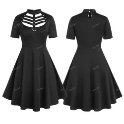 ROSEGAL Plus Size Dresses Gothic D-ring PU Leather Panel Ladder Cutout Mini Dress Summer Short Sleeves Solid Color Vestidos 5XL