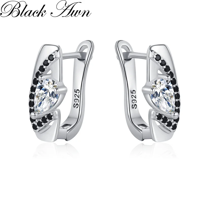 

Black Awn Classic Silver Color Round Black Trendy Spinel Engagement Hoop Earrings for Women Jewelry Bijoux I309