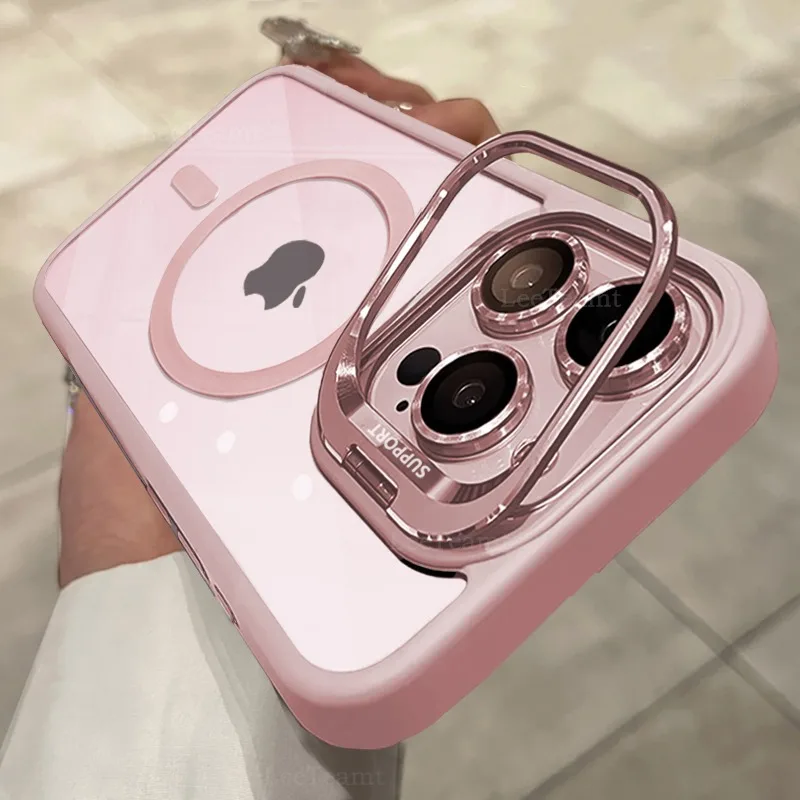 Transparent Phone Case For iPhone 16 15 14 13 12 11 Pro Max Plus 17 Air For Magsafe Magnetic Lens Metal Stand Holder Cover